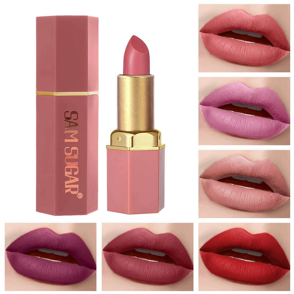 6 Colors Gold Bar Tube Lipstick Matte Texture Pearlescent Glitter Velvet Lipstick Valentine's Day Gift 6PCS - KIMLUD