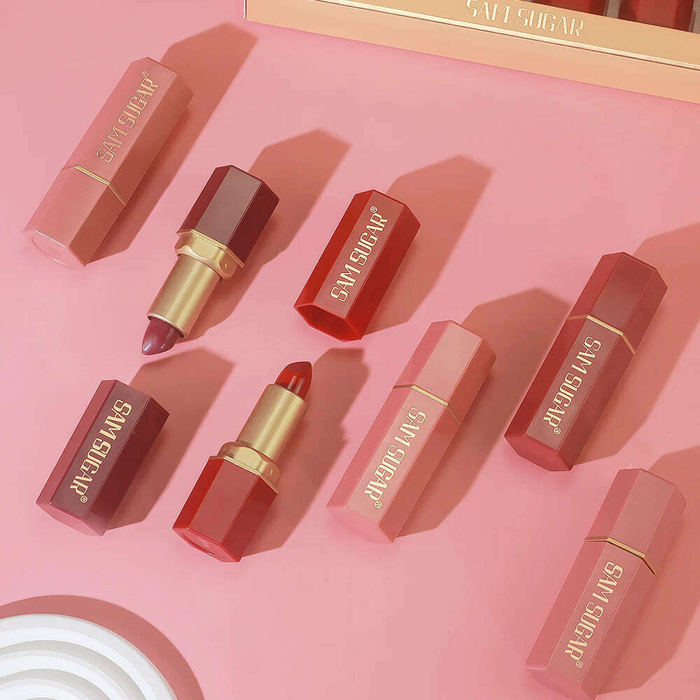 6 Colors Gold Bar Tube Lipstick Matte Texture Pearlescent Glitter Velvet Lipstick Valentine's Day Gift 6PCS - KIMLUD