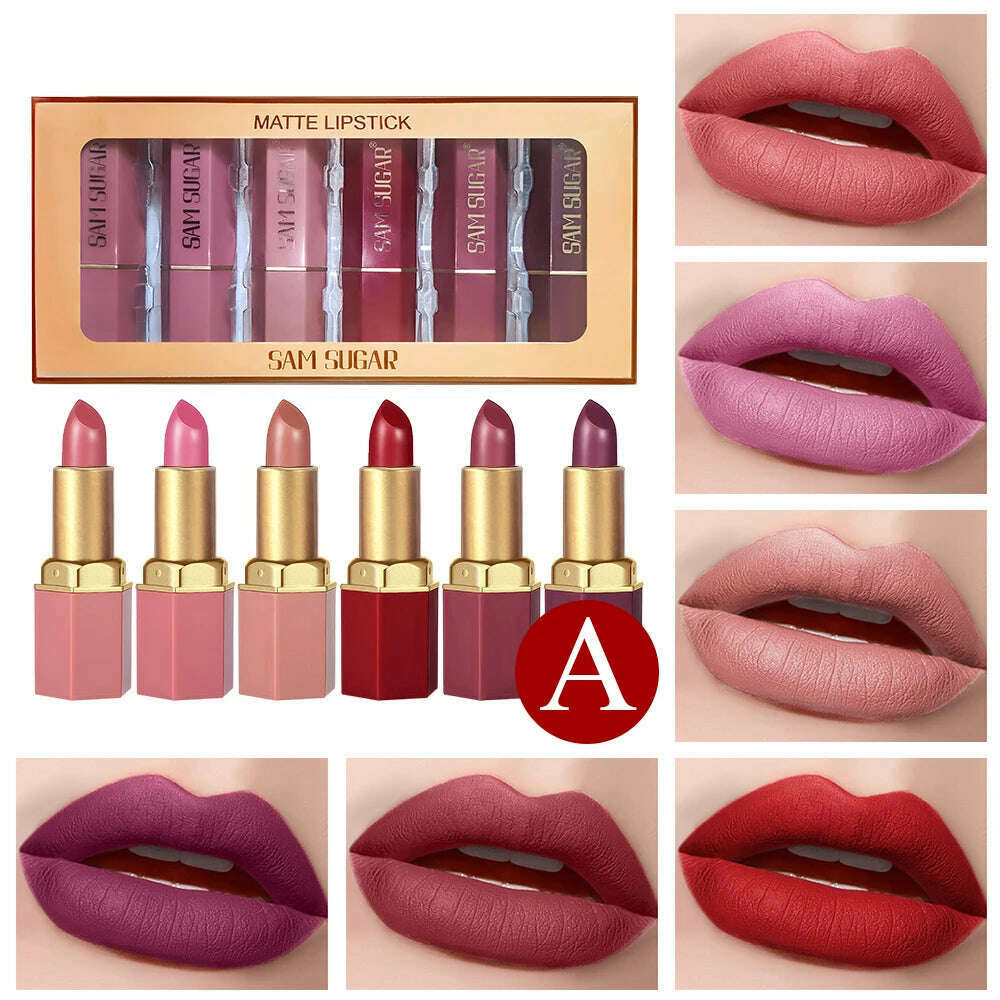 6 Colors Gold Bar Tube Lipstick Matte Texture Pearlescent Glitter Velvet Lipstick Valentine's Day Gift 6PCS - KIMLUD