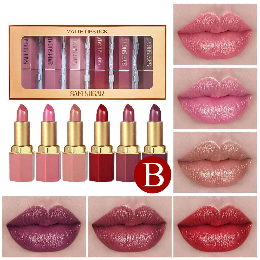 6 Colors Gold Bar Tube Lipstick Matte Texture Pearlescent Glitter Velvet Lipstick Valentine's Day Gift 6PCS - KIMLUD