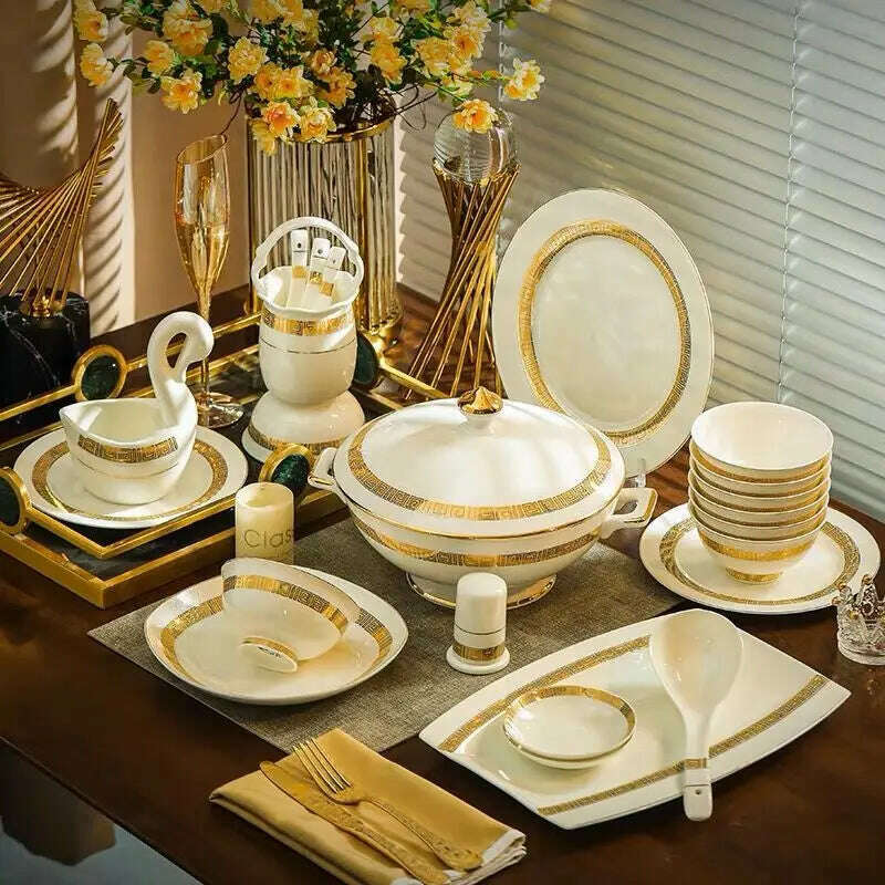 KIMLUD, 60 Pcs Complete Tableware Set High-end Dinner Set Bone China Bowl Spoon Set Food Plate Chopsticks Dinner Dishes Cutlery Set, KIMLUD Womens Clothes