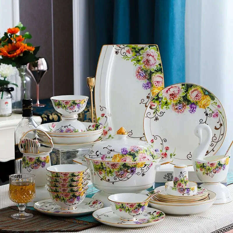 KIMLUD, 60 Piece European Pastoral Style Dinnerware Sets Bone China Tableware Sets Luxury Plates Dinner Set Food Bowl Chopsticks Spoons, KIMLUD Womens Clothes