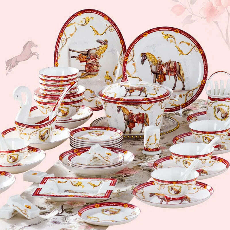 KIMLUD, 60 Piece Luxury European Style Dinnerware Sets Bone China Tableware Set Soup Bowl Spoons Ramen Plates Chopsticks Set Dinner Set, KIMLUD Womens Clothes