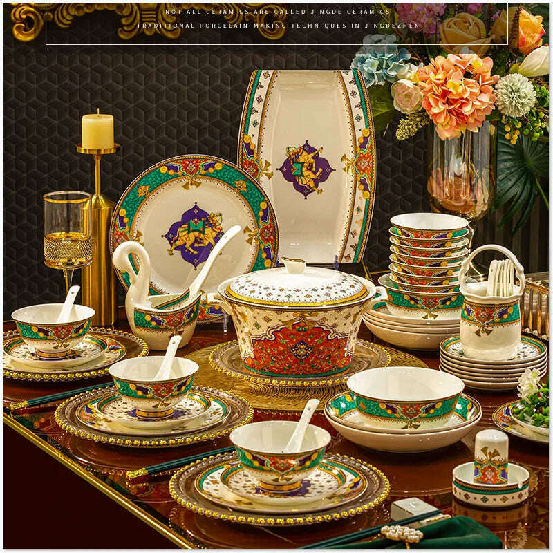 KIMLUD, 60 Pieces Middle Eastern Style Bone China Tableware Sets Food Bowl Plates Top-grade Dinner Set Utensils For Kitchen Accessories, KIMLUD Womens Clothes