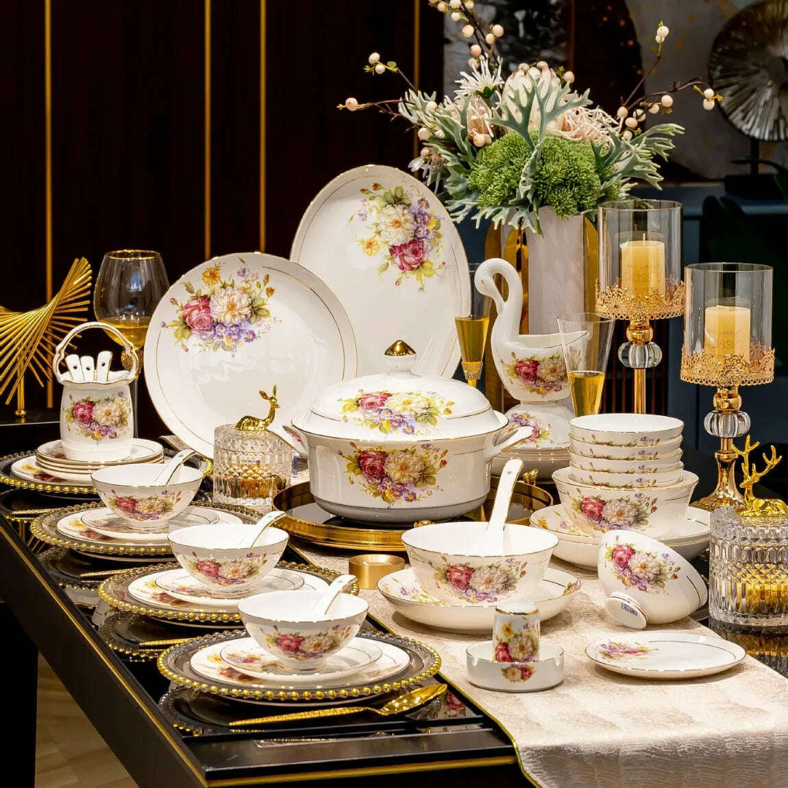 KIMLUD, 60pcs European Style Dinnerware Sets Luxury Bone China Tableware Sets Bowl Spoon Dinner Plate Set Kitchen Utensils Dinner Set, KIMLUD Womens Clothes