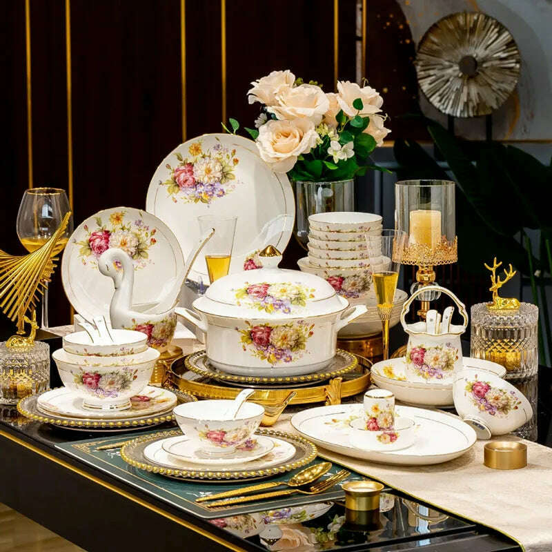 KIMLUD, 60pcs European Style Dinnerware Sets Luxury Bone China Tableware Sets Bowl Spoon Dinner Plate Set Kitchen Utensils Dinner Set, KIMLUD Womens Clothes
