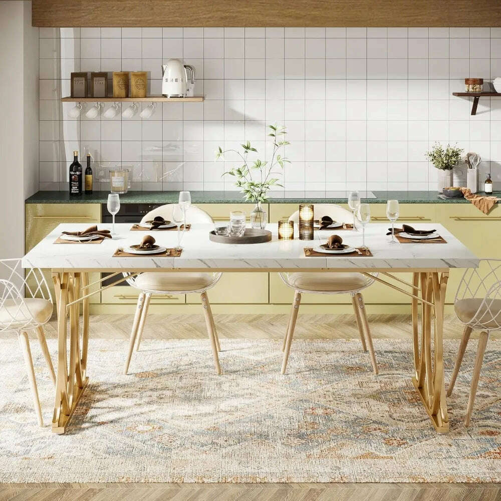 63-inch kitchen table seating 4-6 people, rectangular dining table, faux marble top and geometric legs - KIMLUD