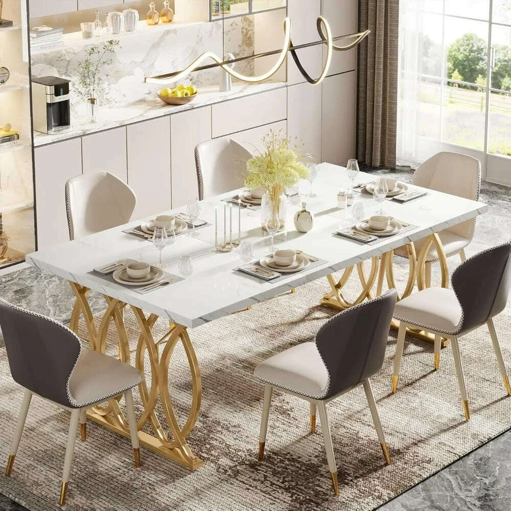 63-inch kitchen table seating 4-6 people, rectangular dining table, faux marble top and geometric legs - KIMLUD