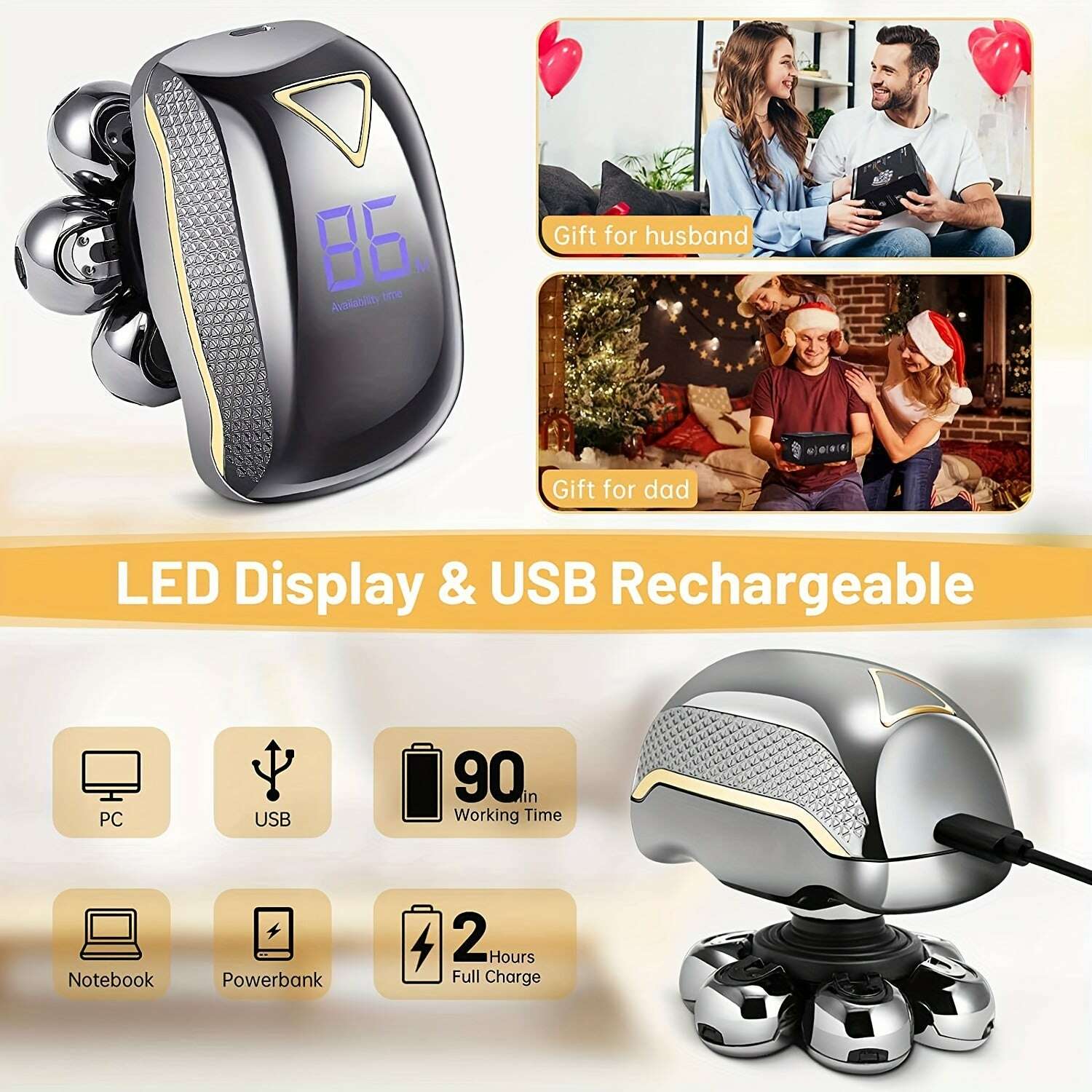 KIMLUD, Men'S Electric Head Shaver Razor - Rechargeable Cordless Hair Shaving Razors for Bald Man 6in 1 Wet Dry Beard Trimmer Body Hair Cutting Clipper Grooming Kit 7 Rotary Heads (Gray), USB Charging, Lithium Battery, 6-in-1 Multi-F, KIMLUD Womens Clothes