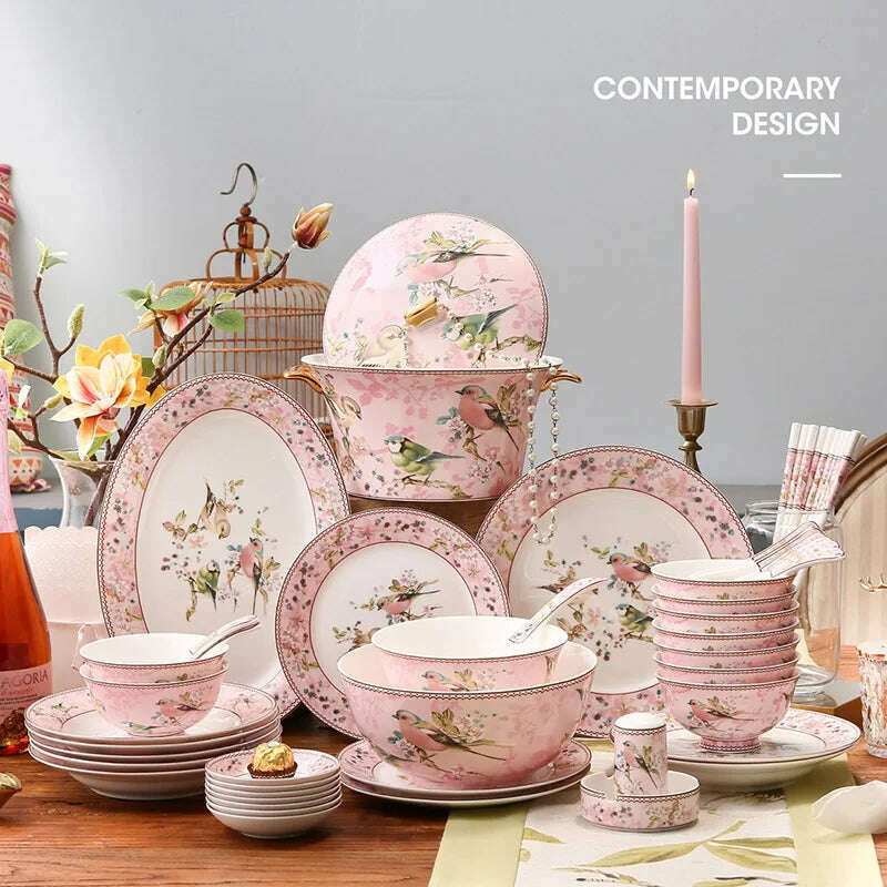 KIMLUD, 66 piece complete dinner set Luxury bone china dinnerware sets rice bowl plate chopsticks kitchen dishes full tableware dish set, KIMLUD Womens Clothes