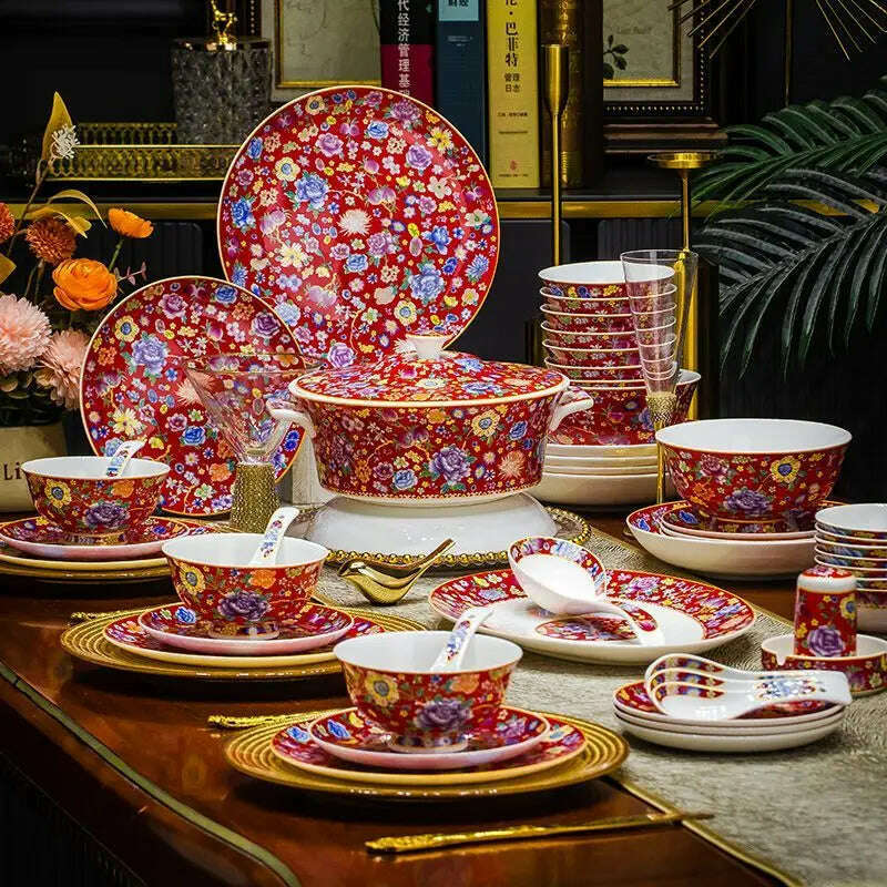 KIMLUD, 68 piece Chinese High-end Bone China Dinner Set Plates Set Luxury Tableware Sets Food Bowl Sushi Dishes Chopsticks Set Spoons, KIMLUD Womens Clothes