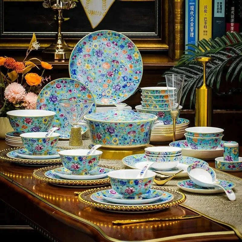 KIMLUD, 68 piece Chinese High-end Bone China Dinner Set Plates Set Luxury Tableware Sets Food Bowl Sushi Dishes Chopsticks Set Spoons, KIMLUD Womens Clothes