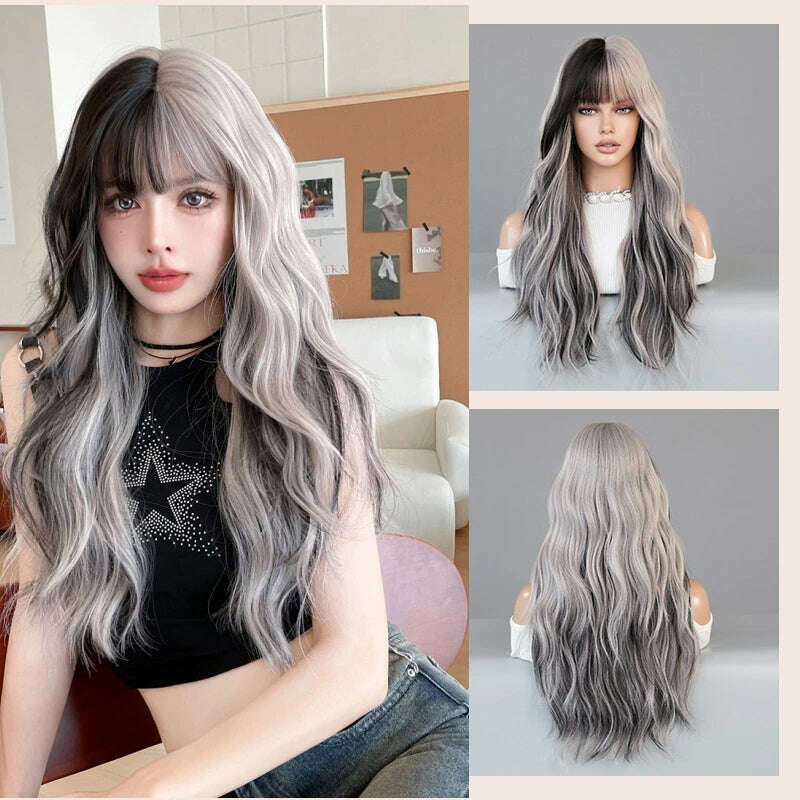 KIMLUD, 68CM Wig Women Long Curly Hair Air Bangs Wave Highlights Silver Gray Pink Wig Chemical Fiber Simulation Whole Headgear Wholesale, KIMLUD Womens Clothes