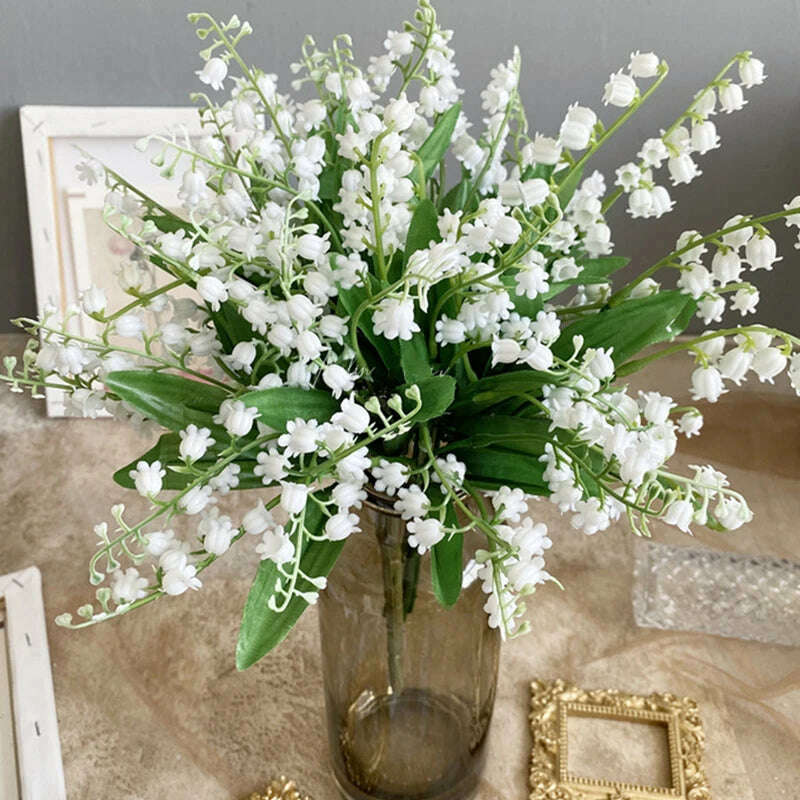 KIMLUD, 6pcs White Artificial Plastic Flower Lily of the Valley Bouquet Wedding Home Table Centerpiece Decoration Accessories Fake Plant, KIMLUD Womens Clothes