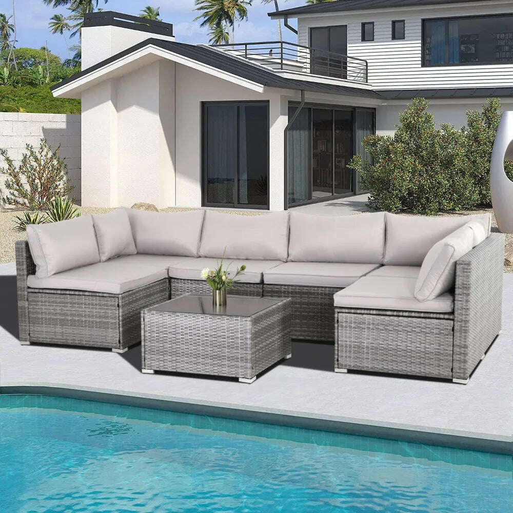 KIMLUD, 7-piece courtyard furniture set, modular wicker outdoor segmented sofa, PE wicker outdoor setL W H 28.5*25.6*25.6 inch, KIMLUD Womens Clothes