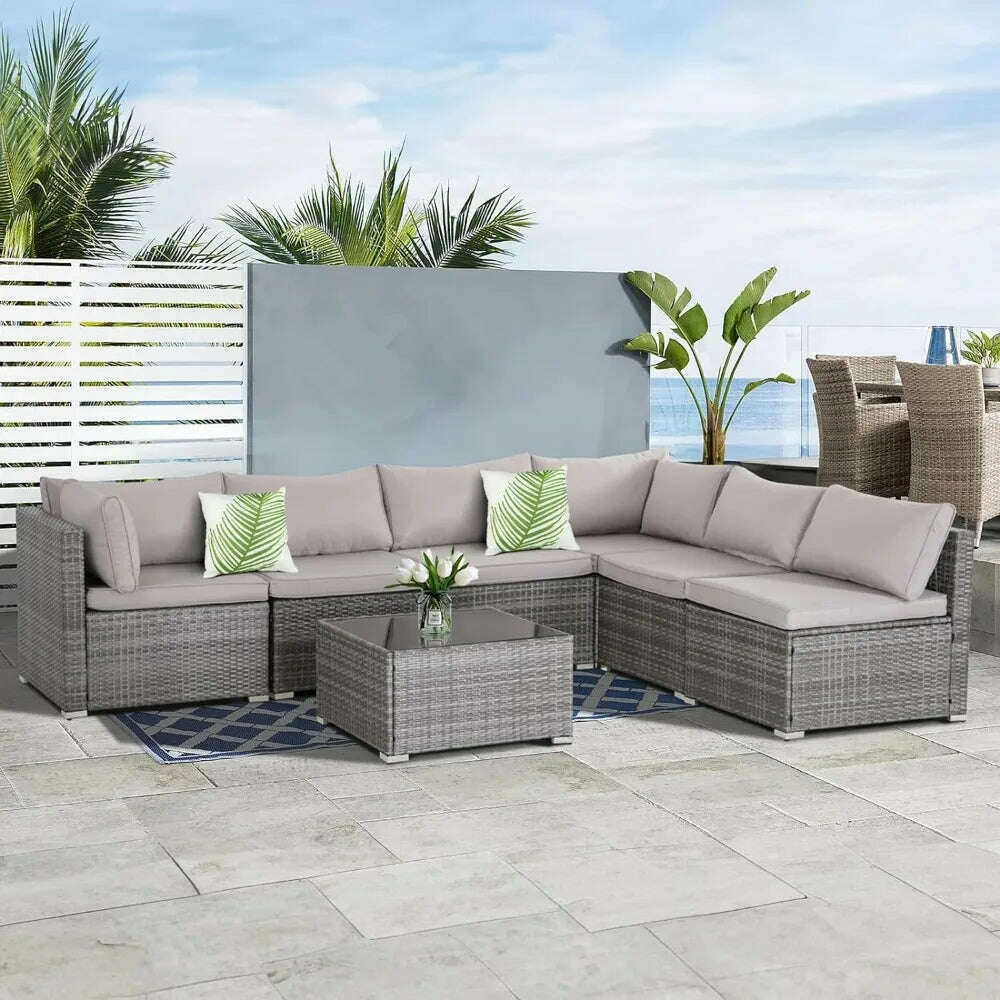 KIMLUD, 7-piece courtyard furniture set, modular wicker outdoor segmented sofa, PE wicker outdoor setL W H 28.5*25.6*25.6 inch, KIMLUD Womens Clothes