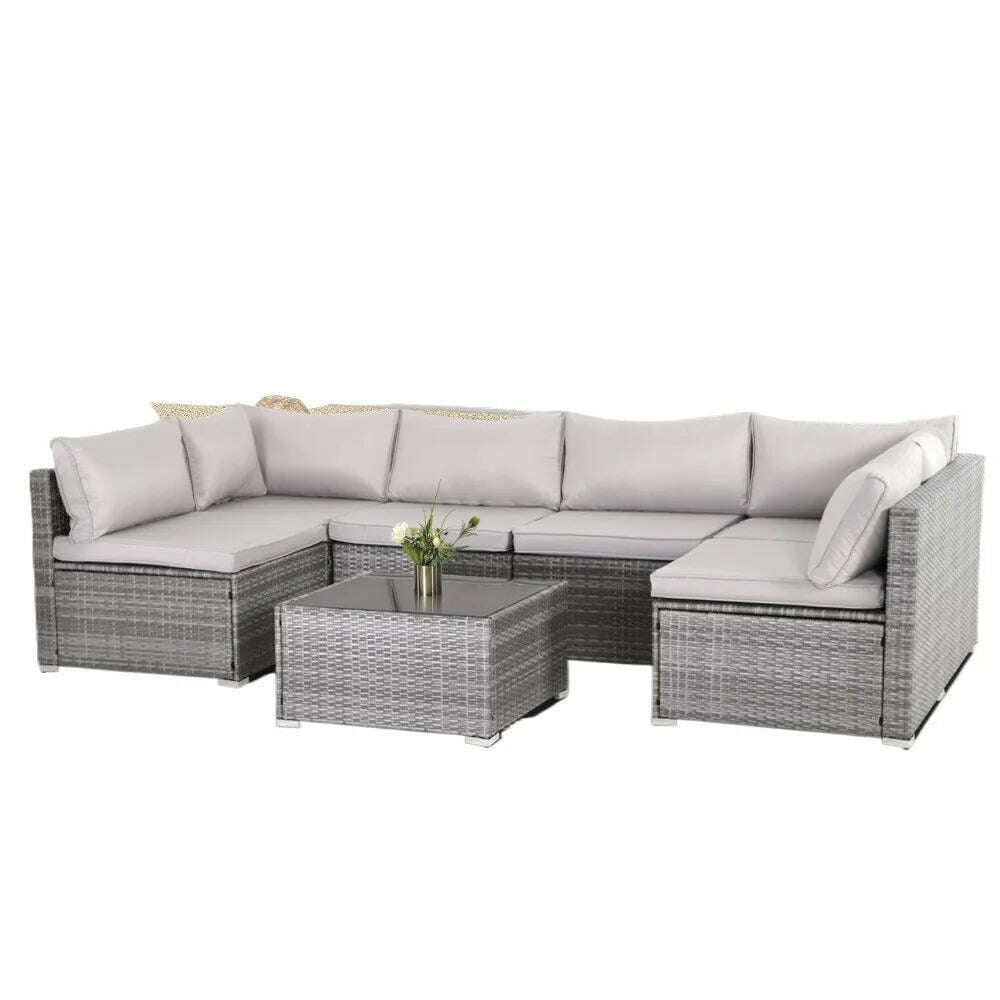 KIMLUD, 7-piece courtyard furniture set, modular wicker outdoor segmented sofa, PE wicker outdoor setL W H 28.5*25.6*25.6 inch, KIMLUD Womens Clothes