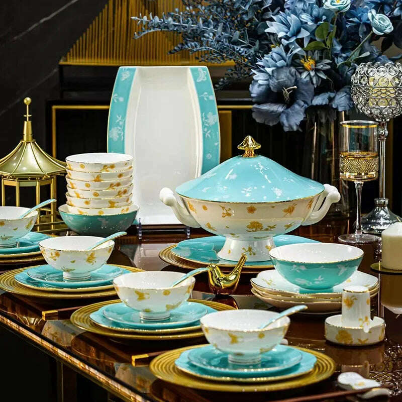 KIMLUD, 70 Pcs European Court Dinnerware Sets Bone China Tableware Sets Food Bowl Chopsticks Spoon Dinner Plate Set Utensils For Kitchen, 70 pieces / CN, KIMLUD Womens Clothes