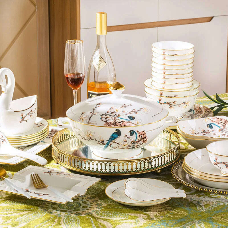 KIMLUD, 70 pieces modern European tableware set high-end Bone China bowl dinner plate kitchen dishes chopsticks spoon set dinnerware set, KIMLUD Womens Clothes