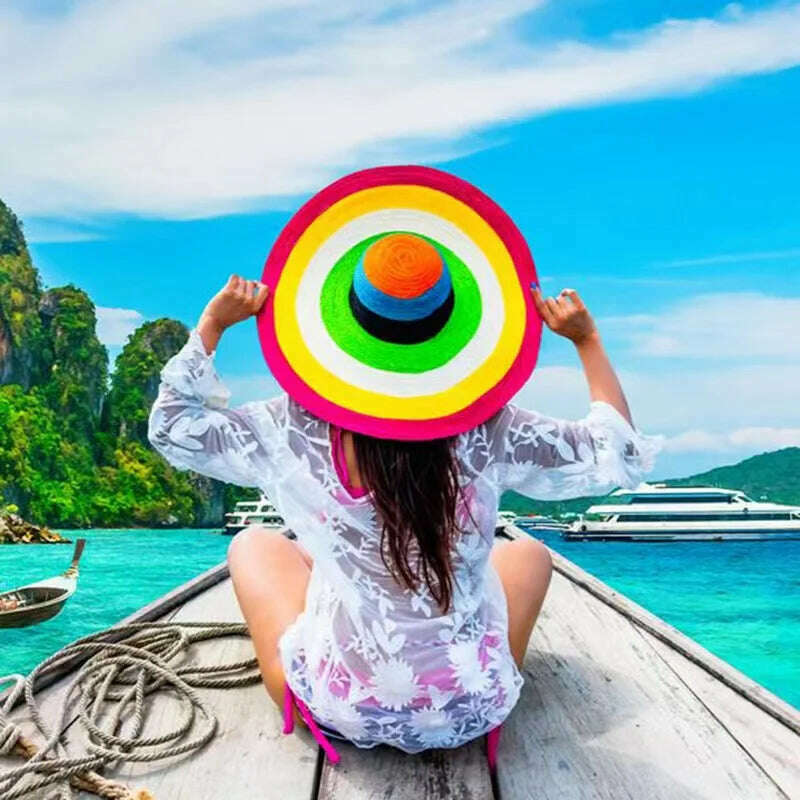 KIMLUD, 70cm Oversized Wide Brim Sun Hat Travel Large UV Protection Beach Straw Hats Women's Summer Floppy Foldable Chapeaux Wholesale, KIMLUD Womens Clothes