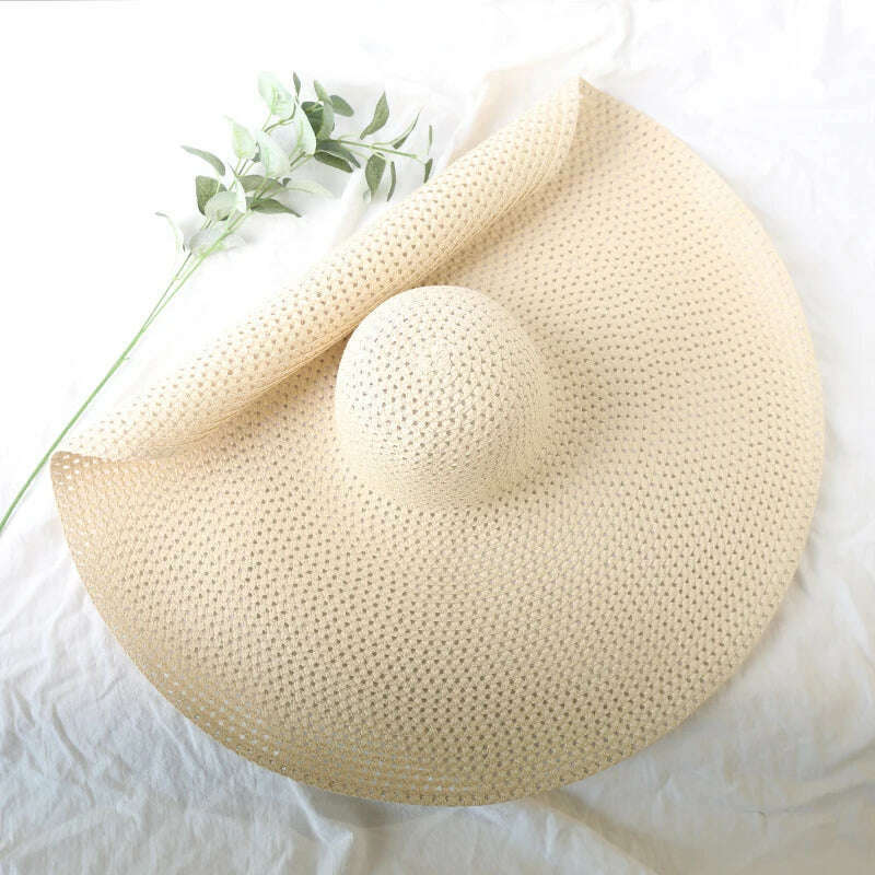 KIMLUD, 70cm Oversized Wide Brim Sun Hat Travel Large UV Protection Beach Straw Hats Women's Summer Floppy Foldable Chapeaux Wholesale, beige (openwork) / 54-57cm, KIMLUD Womens Clothes