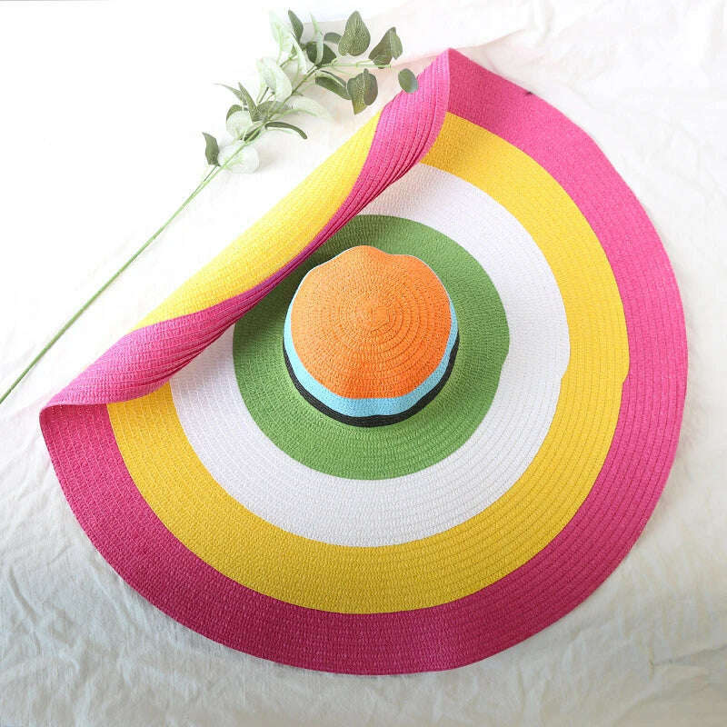 KIMLUD, 70cm Oversized Wide Brim Sun Hat Travel Large UV Protection Beach Straw Hats Women's Summer Floppy Foldable Chapeaux Wholesale, colorful 1 / 54-57cm, KIMLUD Womens Clothes