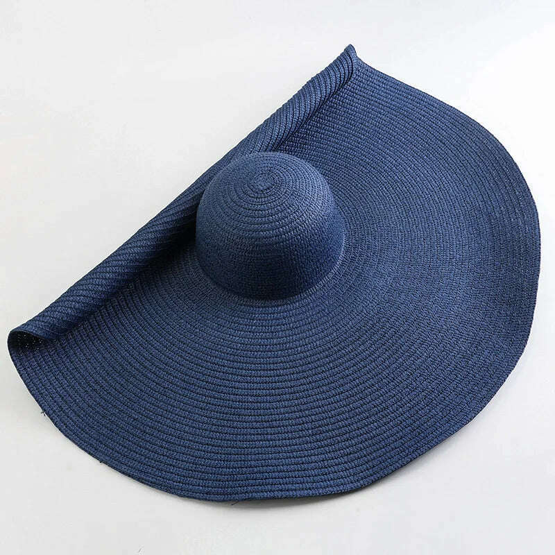 KIMLUD, 70cm Oversized Wide Brim Sun Hat Travel Large UV Protection Beach Straw Hats Women's Summer Floppy Foldable Chapeaux Wholesale, dark blue / 54-57cm, KIMLUD Womens Clothes