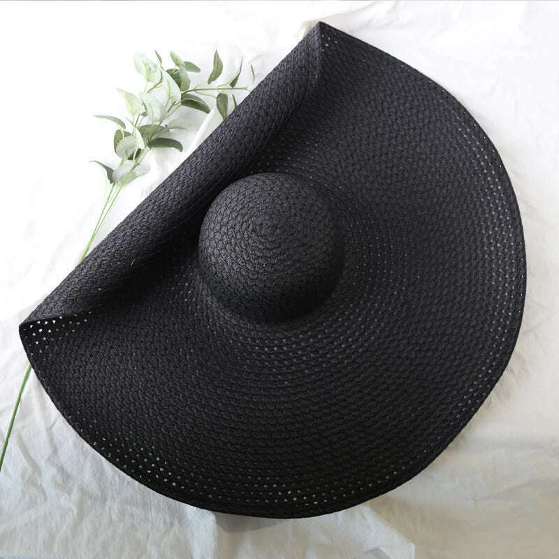 KIMLUD, 70cm Oversized Wide Brim Sun Hat Travel Large UV Protection Beach Straw Hats Women's Summer Floppy Foldable Chapeaux Wholesale, black (hollow) / 54-57cm, KIMLUD Womens Clothes