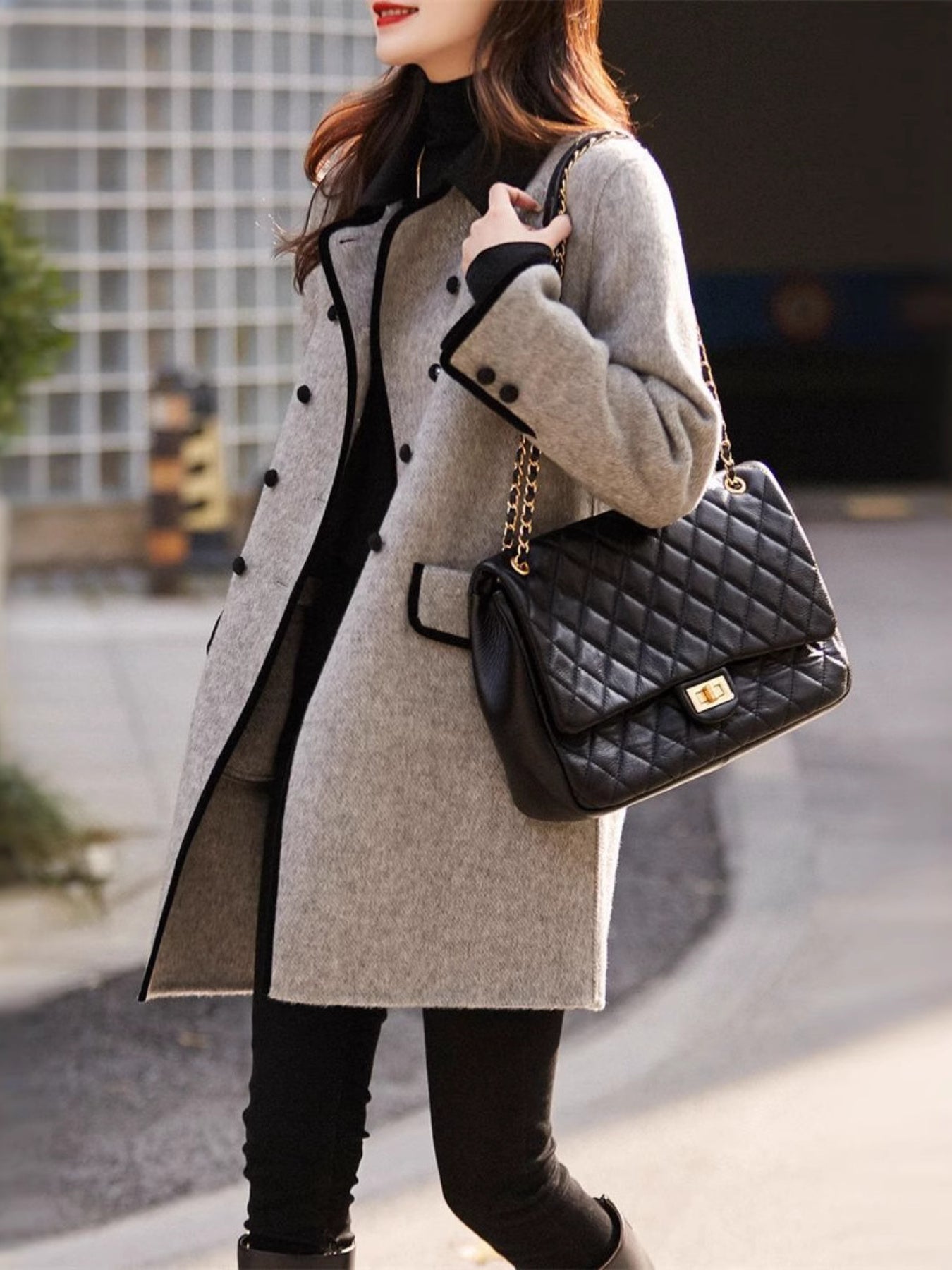 Women's Slim-Fit Retro Double-Breasted Lapel Coat - Belted Waist Short Jacket, Grey/Black/Brown Trench Coat for Casual & Formal Wear, Machine Washable All-Season Outerwear (Mid-Length to Full-Length Options Available)