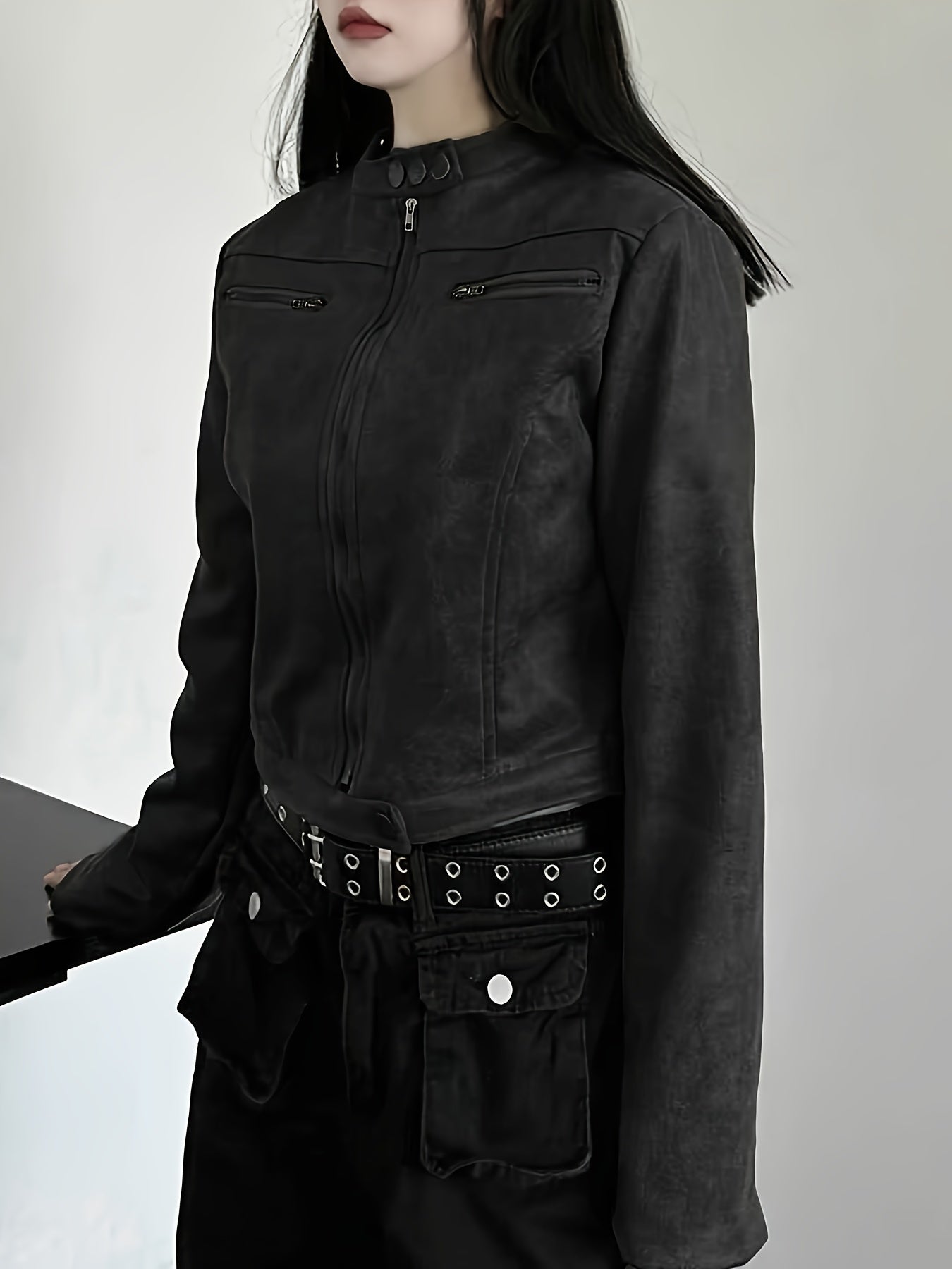 Women's Elegant Gothic Full-Zip Jacket with Full-Zip Front Closure, Full-Length Zipper & Stand Collar - Heavy-Duty Winter Outerwear, Machine Washable Black -like Texture Coat for Fall/Winter, Casual & Formal Outfits, Retro Zi