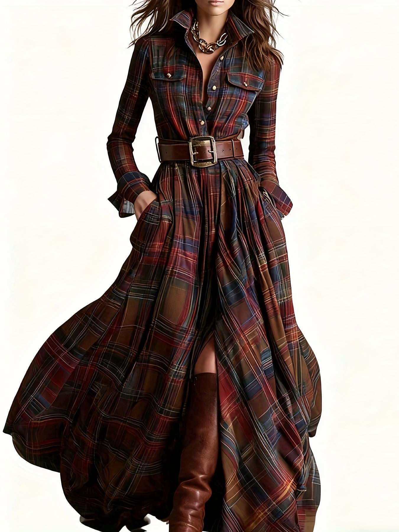 Women'S Vintage Western Plaid Shirt Dress - Long Sleeve A-Line Maxi Dress with V-Neck Collar & Belted Waist, All-Season Elegant Retro Outfit for Casual to Formal Events, Brown/Red Tartan Print, Structured Fit & Flowy Skirt
