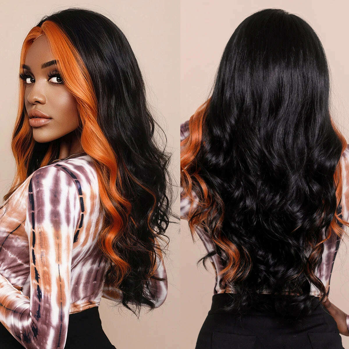 7JHH WIGS Bright Orange Long Wavy Women Wig Natural Synthetic Wigs with Bangs for Black Women Daily Party Cosplay Heat Resistant - KIMLUD