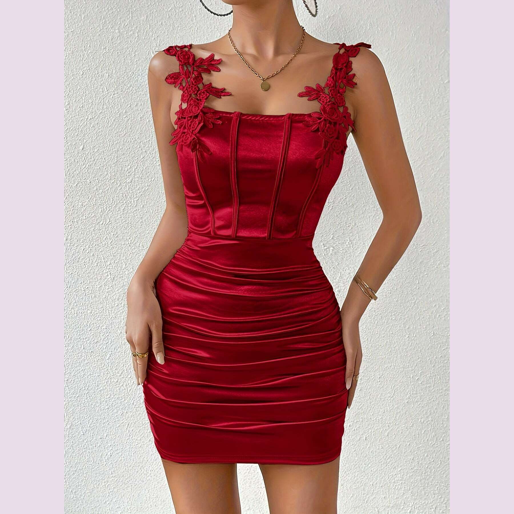 womens-elegant-bodycon-dress-with-lace-appliqué-ruched-detailing---stretchy-spaghetti-strap-off-shoulderone-shoulder-design-machine-washable-solid-color-all-season-versatile-for-casual-to-formal-occasions-seasonal-fkimlud-womens-fashion-34625715
