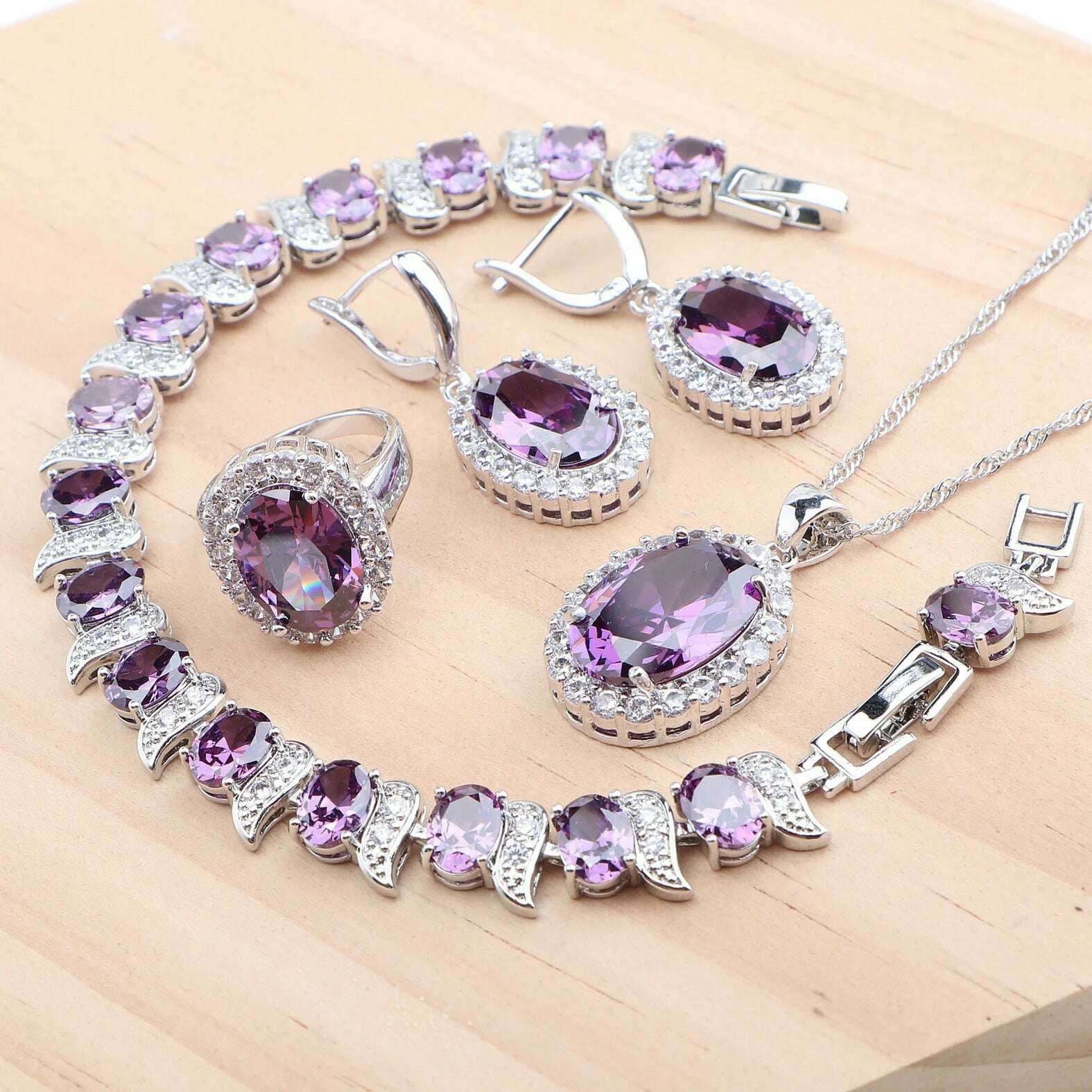 KIMLUD, 925 Silver Jewelry Sets Wedding Purple Zircon Earrings Bracelets For Women Rings Pendant Necklace Set, 4PCS-Purple / 6, KIMLUD APPAREL - Womens Clothes