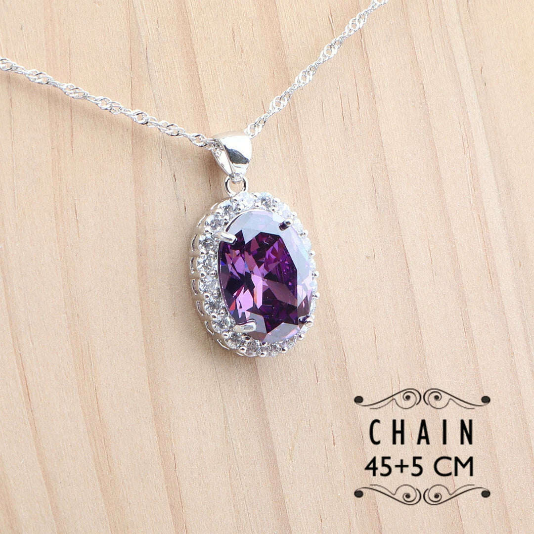 KIMLUD, 925 Silver Jewelry Sets Wedding Purple Zircon Earrings Bracelets For Women Rings Pendant Necklace Set, KIMLUD Womens Clothes