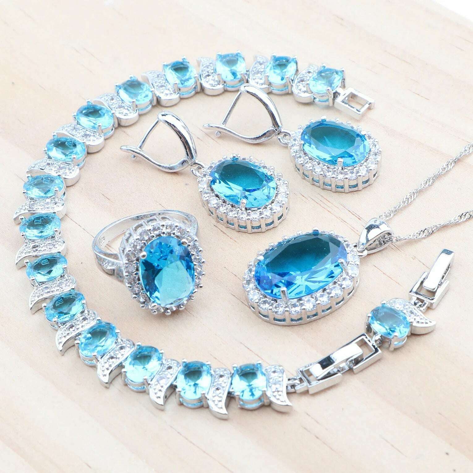 KIMLUD, 925 Silver Jewelry Sets Wedding Purple Zircon Earrings Bracelets For Women Rings Pendant Necklace Set, 4PCS-SkyBlue / 6, KIMLUD APPAREL - Womens Clothes