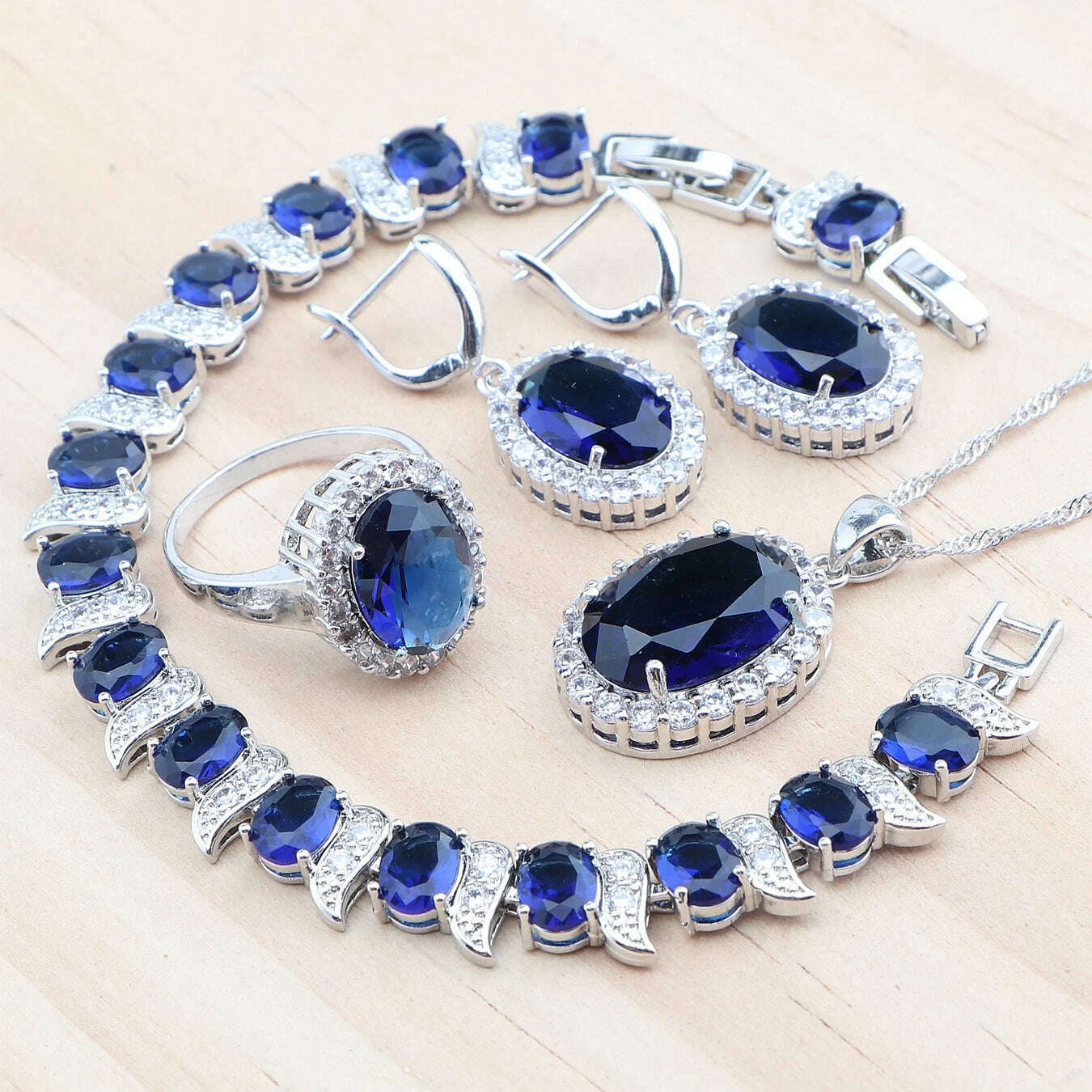 KIMLUD, 925 Silver Jewelry Sets Wedding Purple Zircon Earrings Bracelets For Women Rings Pendant Necklace Set, 4PCS-Blue / 6, KIMLUD APPAREL - Womens Clothes