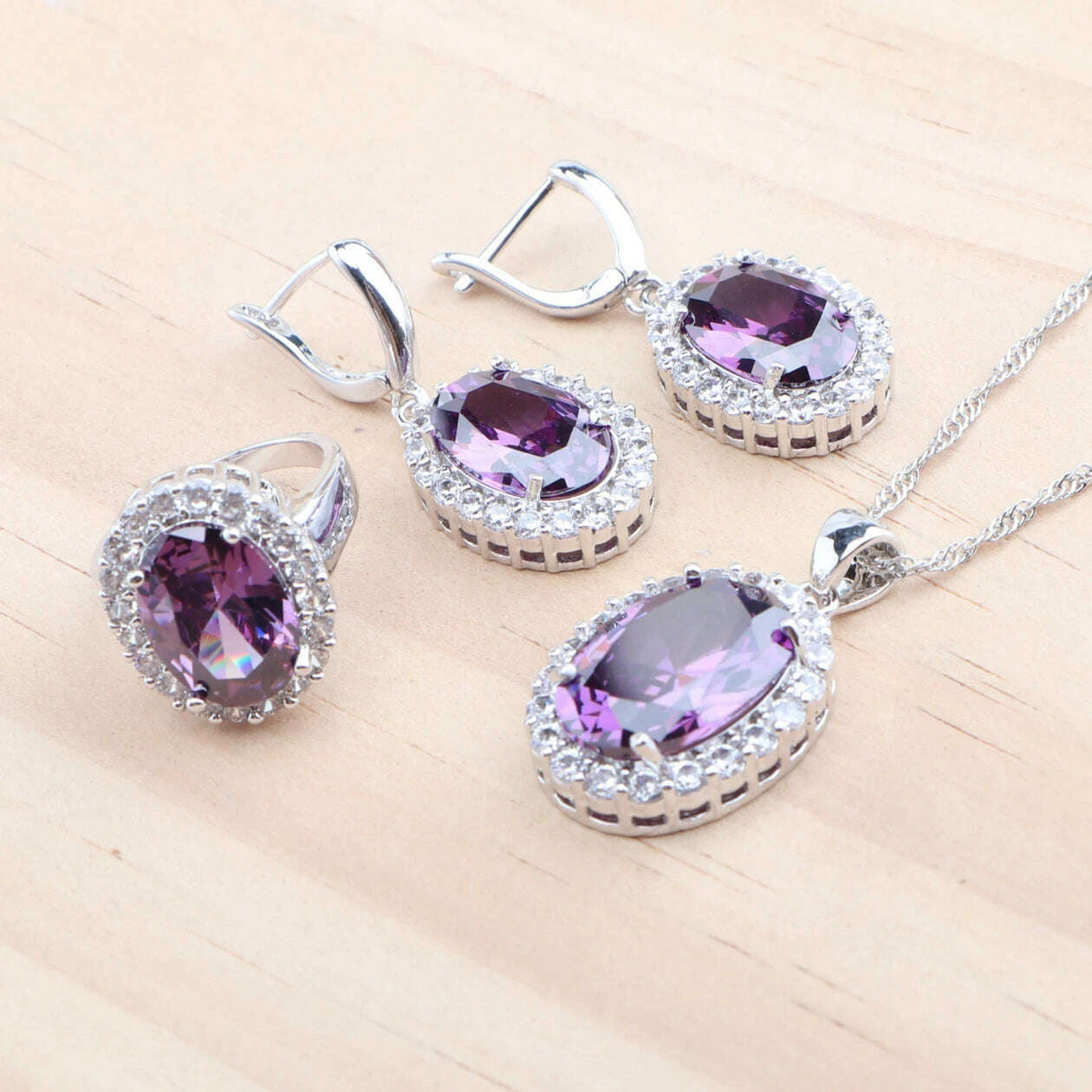 KIMLUD, 925 Silver Jewelry Sets Wedding Purple Zircon Earrings Bracelets For Women Rings Pendant Necklace Set, 3PCS-Purple / 6, KIMLUD APPAREL - Womens Clothes