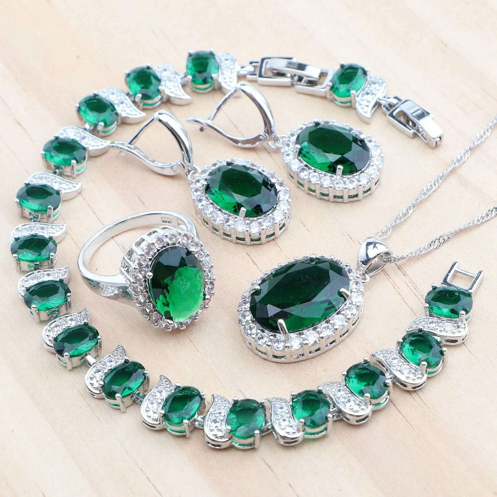 KIMLUD, 925 Silver Jewelry Sets Wedding Purple Zircon Earrings Bracelets For Women Rings Pendant Necklace Set, 4PCS-Green / 6, KIMLUD APPAREL - Womens Clothes