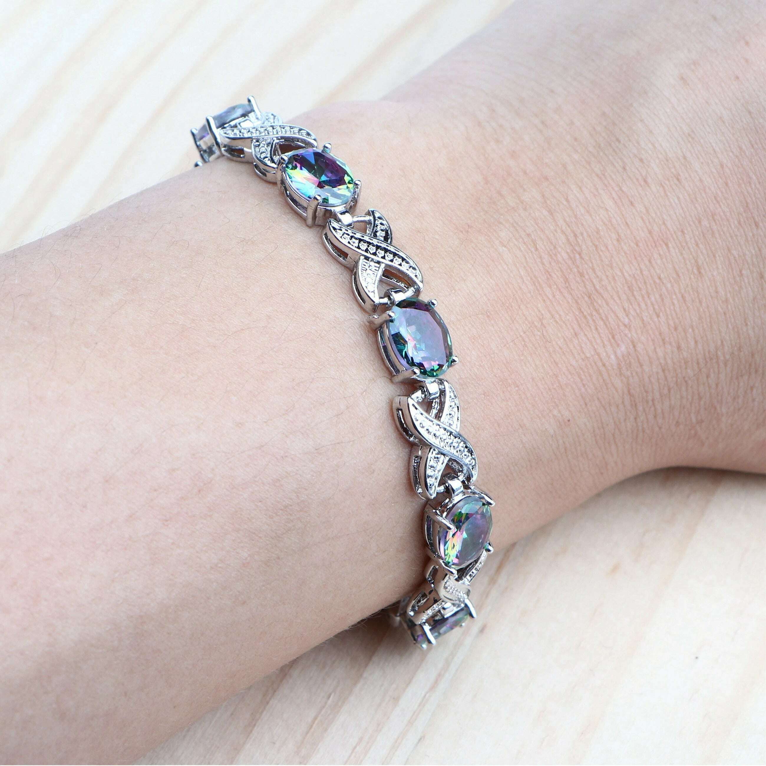 KIMLUD, 925 Silver Magic Rainbow CZ Jewelry Sets Women Bracelets Rings Natural Silver Earrings Wedding Jewelry Pendants Necklace Set, KIMLUD Womens Clothes