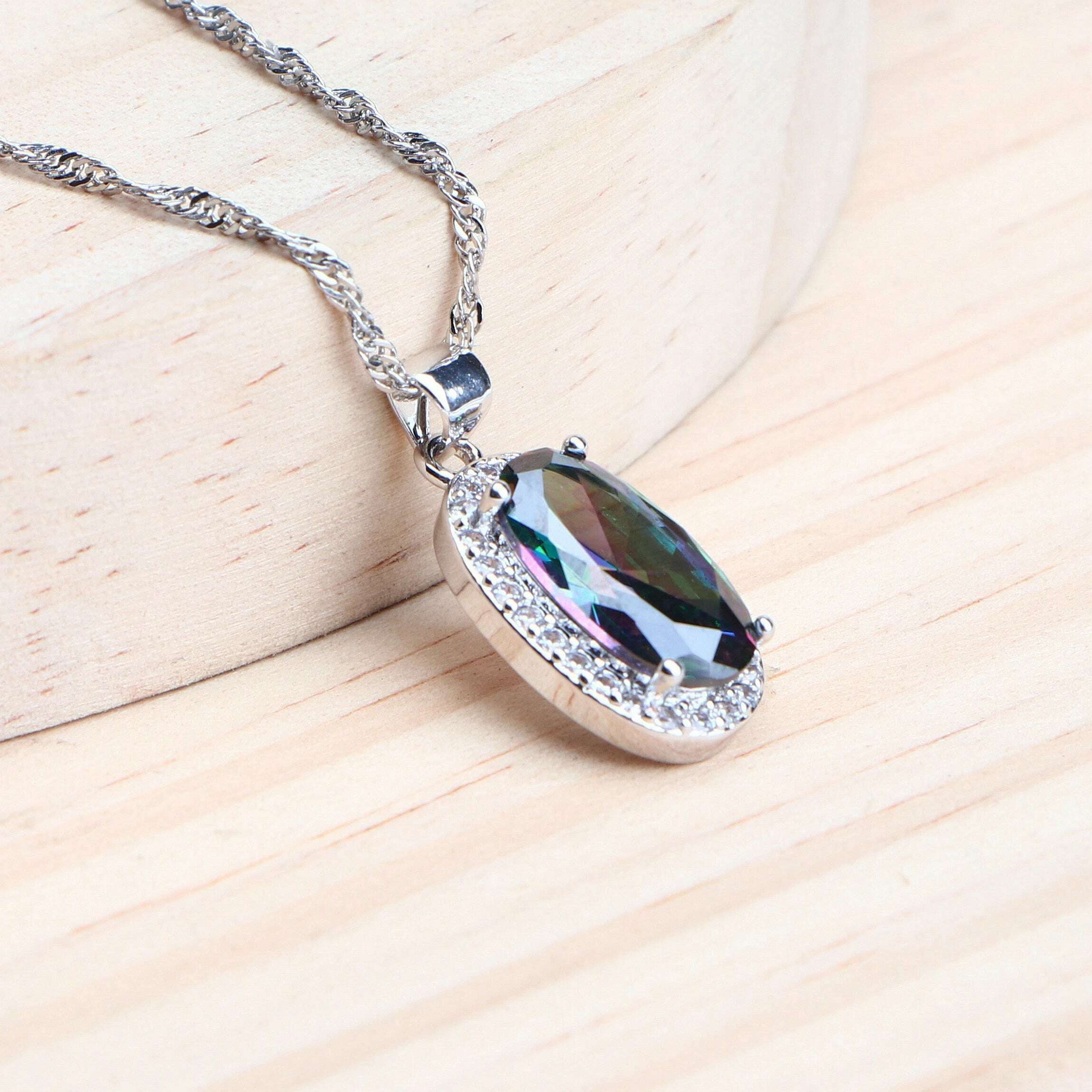 KIMLUD, 925 Silver Magic Rainbow CZ Jewelry Sets Women Bracelets Rings Natural Silver Earrings Wedding Jewelry Pendants Necklace Set, KIMLUD Womens Clothes