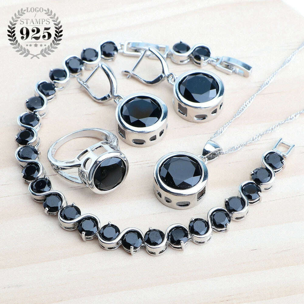 KIMLUD, 925 Sterling Silver Jewelry Sets Bridal Women Natural Magic Rainbow Zircon Earrings Ring Bracelets Pendant Wedding Necklace Set, 4PCS-Black / 6, KIMLUD APPAREL - Womens Clothes