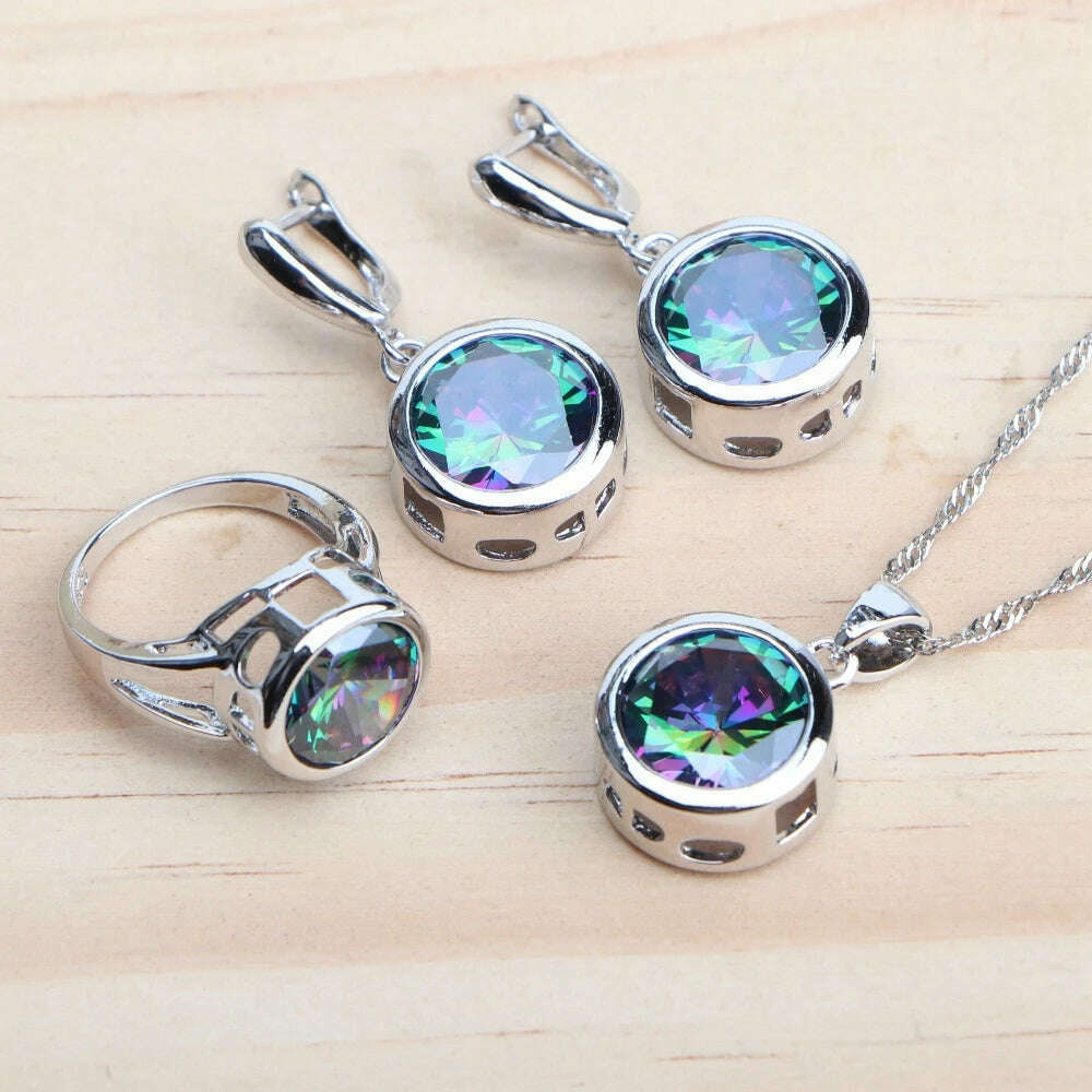 KIMLUD, 925 Sterling Silver Jewelry Sets Bridal Women Natural Magic Rainbow Zircon Earrings Ring Bracelets Pendant Wedding Necklace Set, 3PCS-Natural Rainbow / 6, KIMLUD APPAREL - Womens Clothes