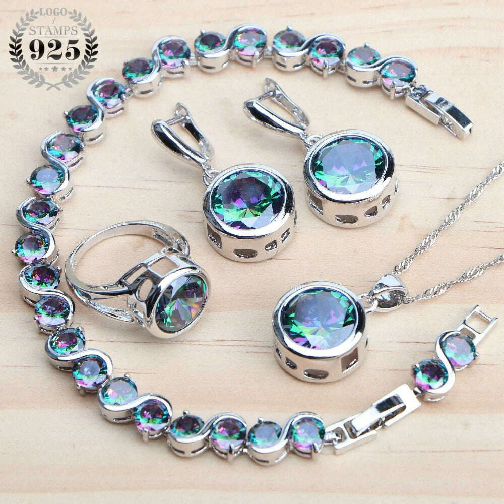 KIMLUD, 925 Sterling Silver Jewelry Sets Bridal Women Natural Magic Rainbow Zircon Earrings Ring Bracelets Pendant Wedding Necklace Set, 4PCS-Natural Rainbow / 6, KIMLUD APPAREL - Womens Clothes