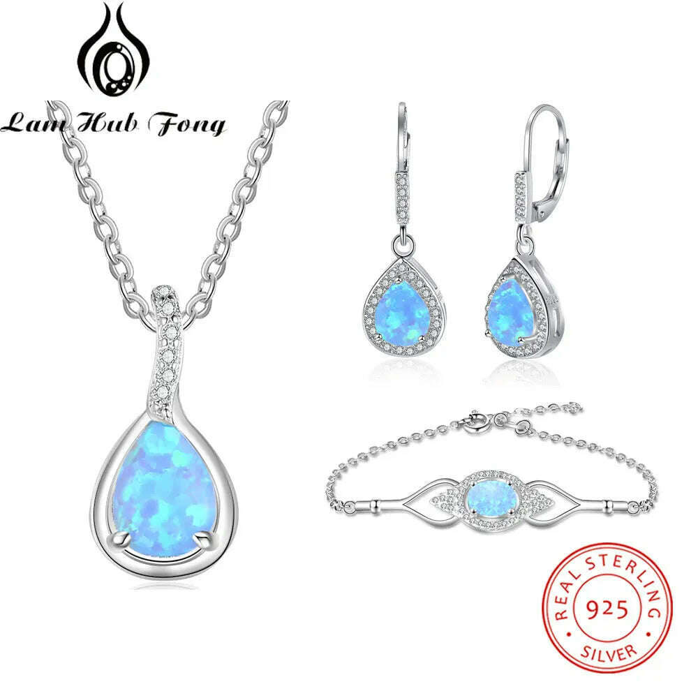 KIMLUD, 925 Sterling Silver Jewelry Sets for Women Cubic Zirconia Blue Opal Bracelet Earrings Chain Necklace Jewelry Sets (Lam Hub Fong), KIMLUD Womens Clothes