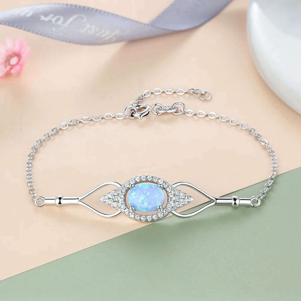 KIMLUD, 925 Sterling Silver Jewelry Sets for Women Cubic Zirconia Blue Opal Bracelet Earrings Chain Necklace Jewelry Sets (Lam Hub Fong), KIMLUD Womens Clothes