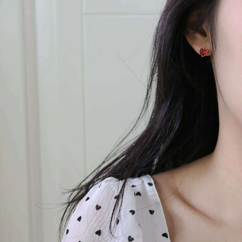 925 Sterling Silver Red Heart Stud Earrings For Women Luxury Temperament Wedding Party Jewelry Accessories Girlfriend Gift - KIMLUD