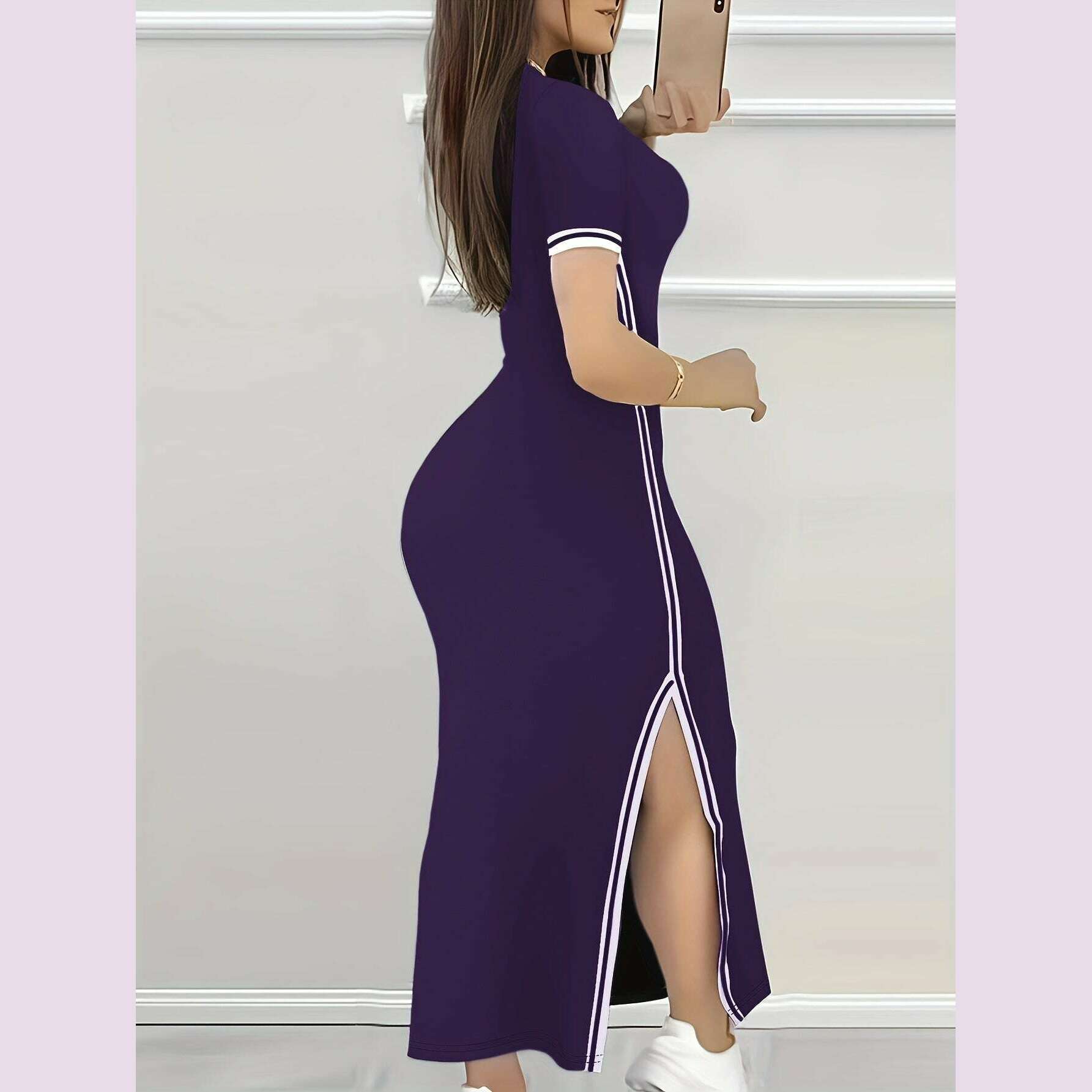 contrast-trim-split-hem-bodycon-dress-elegant-crew-neck-short-sleeve-dress-for-spring-summer-womens-clothingkimlud-womens-fashion-34625802