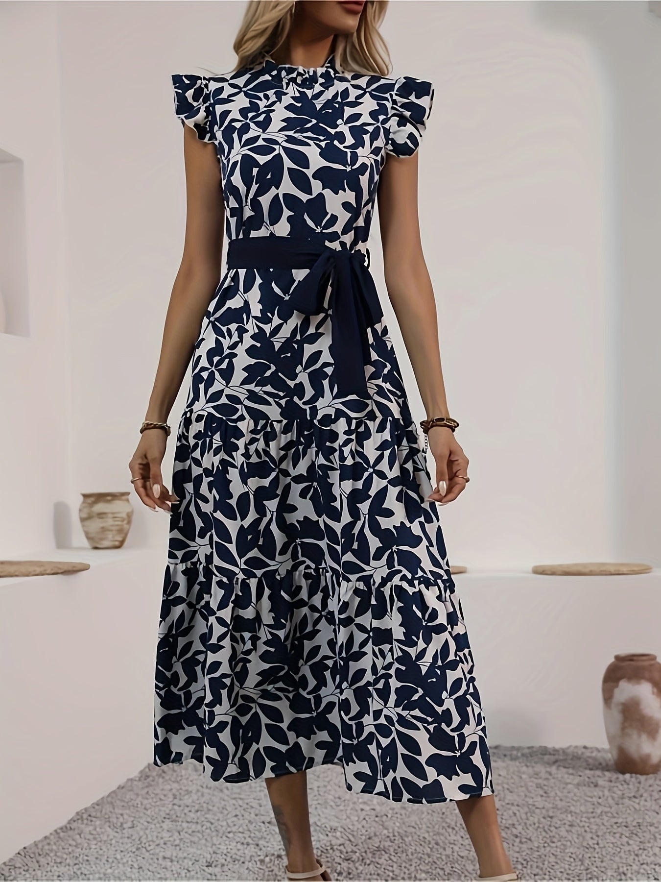 Stunning Floral Print Fit and Flare Dress - Elegant Contrast Collar, Belted Waist, Polyester Material, Random Printing, Middle East Style, Perfect for Summer - Womens Clothing for Adult