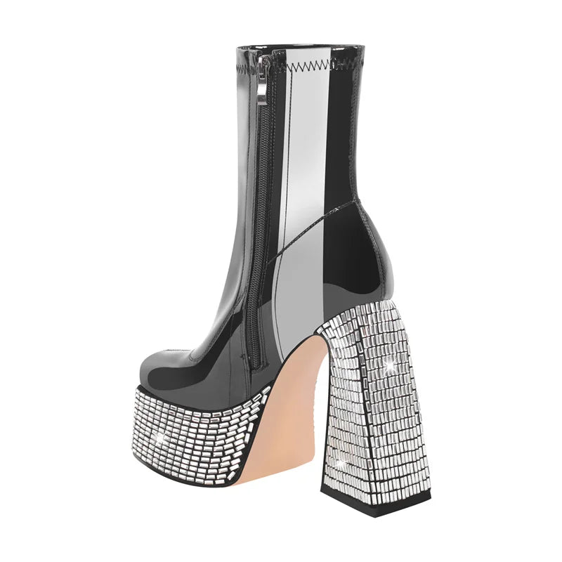 Onlymaker Woman Platform Rhinestone Ankle Boots Square Toe Chunky Booties Thick High Heels Side Zip Mixed Colors Punk Boots